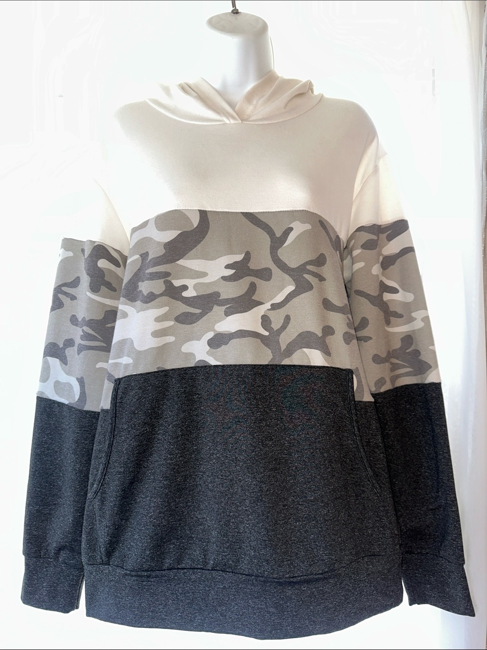 Unlisted Cream, Gray & Charcoal Camo Blocked Crewneck Hoodie Sweater